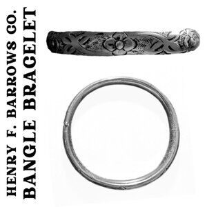 Vintage HFB Henry F. Barrows Sterling Silver Etched Flower Vine Bangle Bracelet